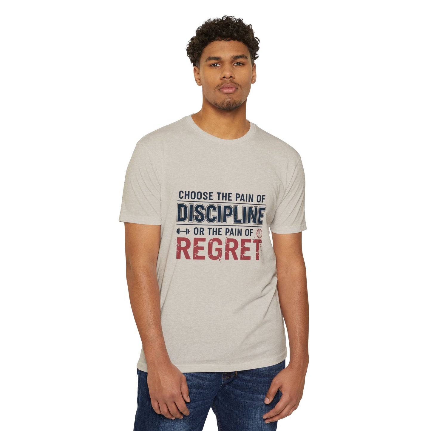 Discipline or Regret T-Shirt — Motivational Workout Tee with “Choose the Pain of Discipline or the Pain of Regret” & Back Number 75