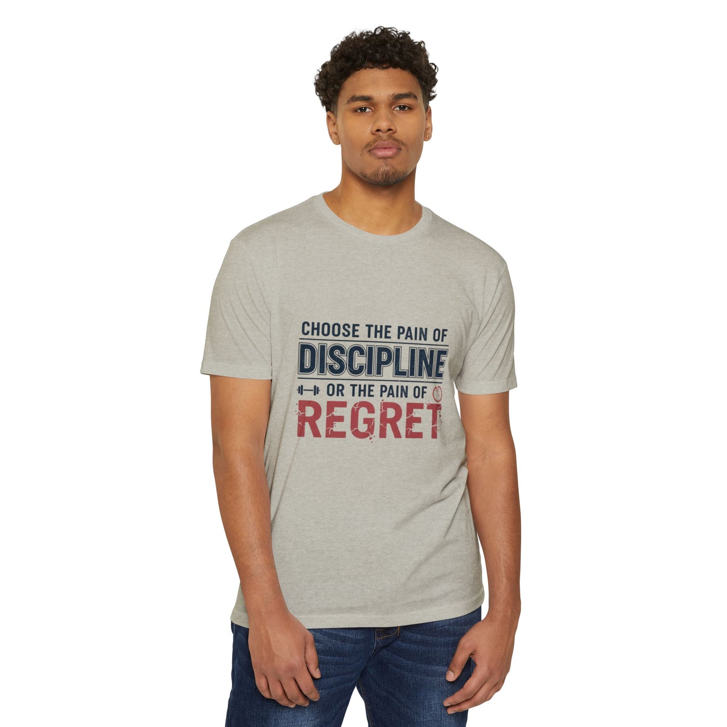 Discipline or Regret T-Shirt — Motivational Workout Tee with “Choose the Pain of Discipline or the Pain of Regret” & Back Number 75