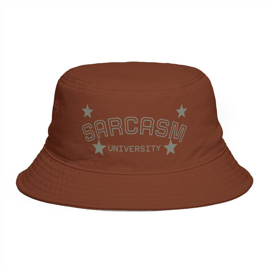 Sarcasm University Bucket Hat — Funny Retro Campus Logo Sun Hat